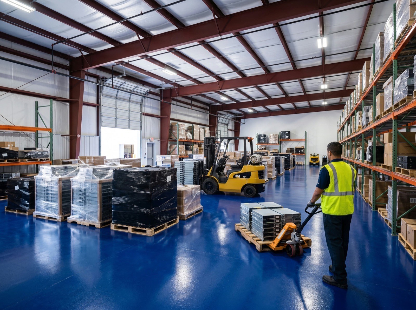 Palletized equipment staged at the loading dock